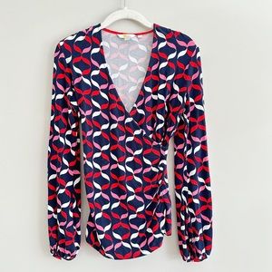Boden Elodie Faux Wrap Geometric Red & Blue Long Sleeve Abstract Blouse Size 4